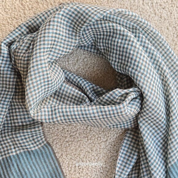 Wool Scarf Lightweight Checks Stripes Green Tan White - Picture 10 of 14